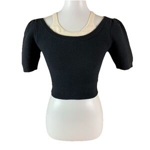 Calvin Luo S Black Cream Knit Short Sleeve Cropped Sweater Layered Look Chic